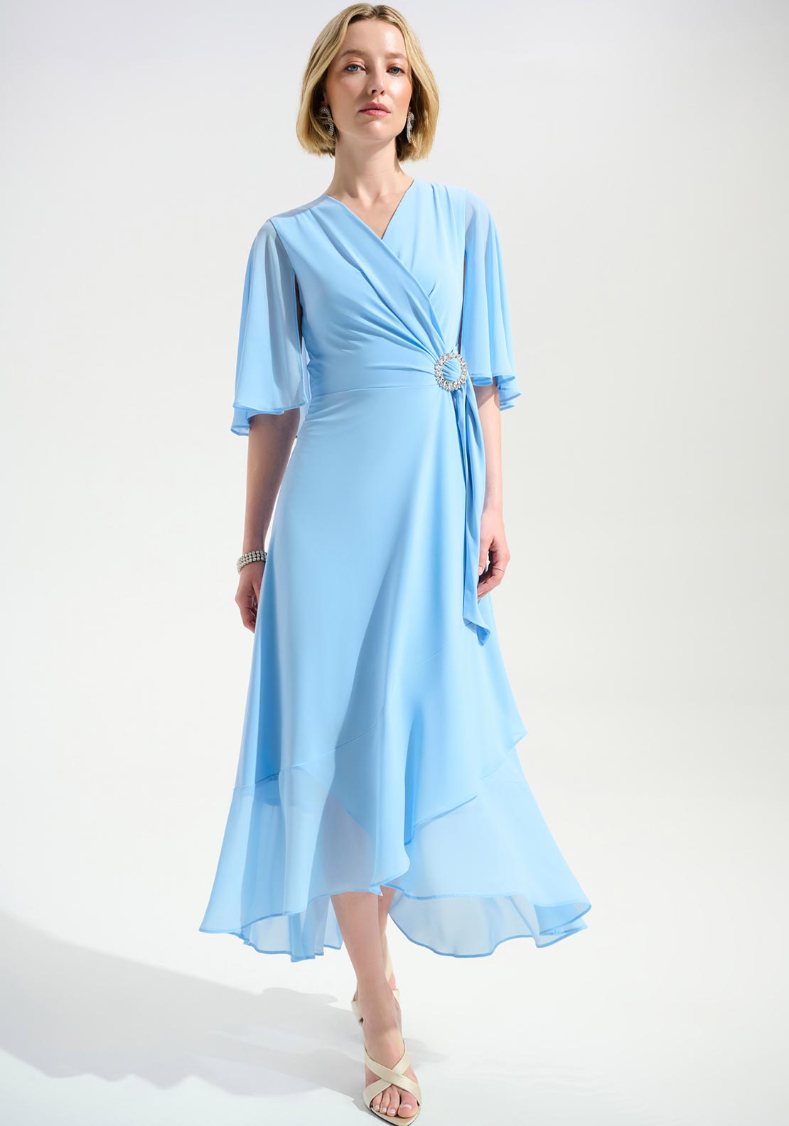 Joseph Ribkoff Wrap Chiffon Cape Dress, Light Blue - McElhinneys