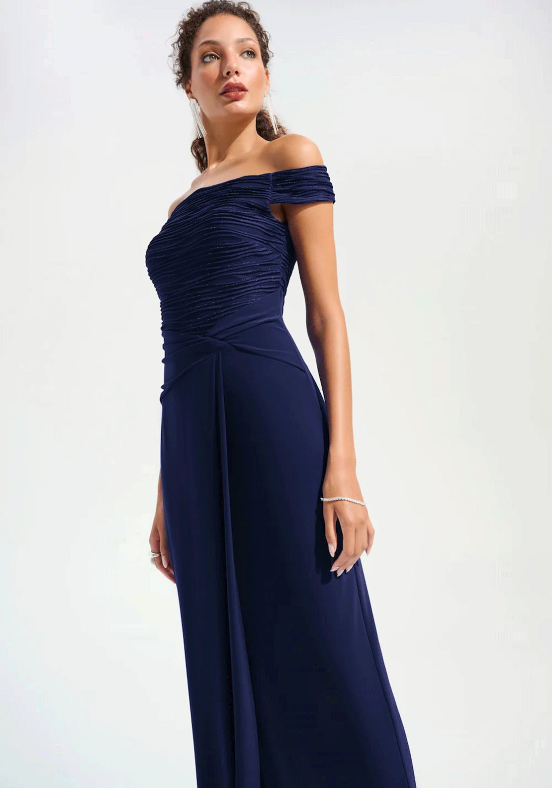 Joseph Ribkoff Off Shoulder Silky Knit Long Dress, Navy