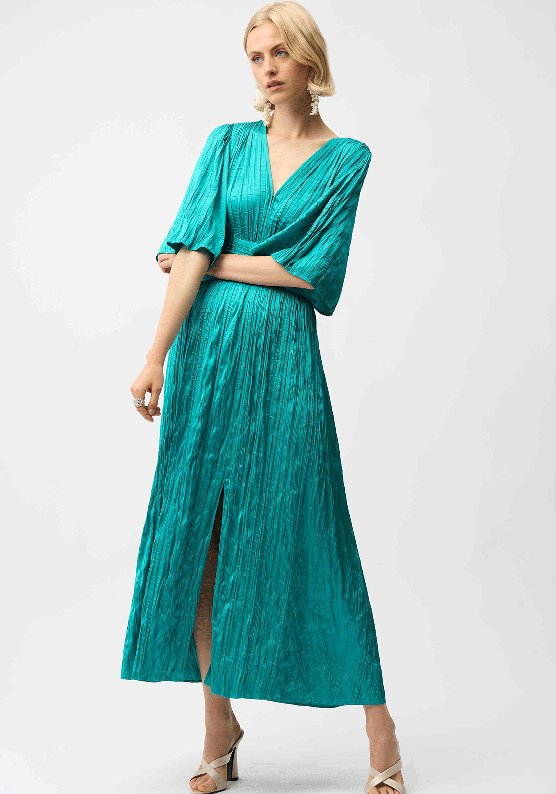 Joseph Ribkoff Pleated Satin Fit and Flare Dress, Aqua Blue - McElhinneys