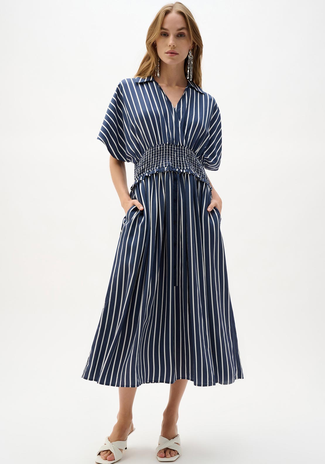 Joseph Ribkoff Poplin Stripe Fit and Flare Dress, Navy - McElhinneys
