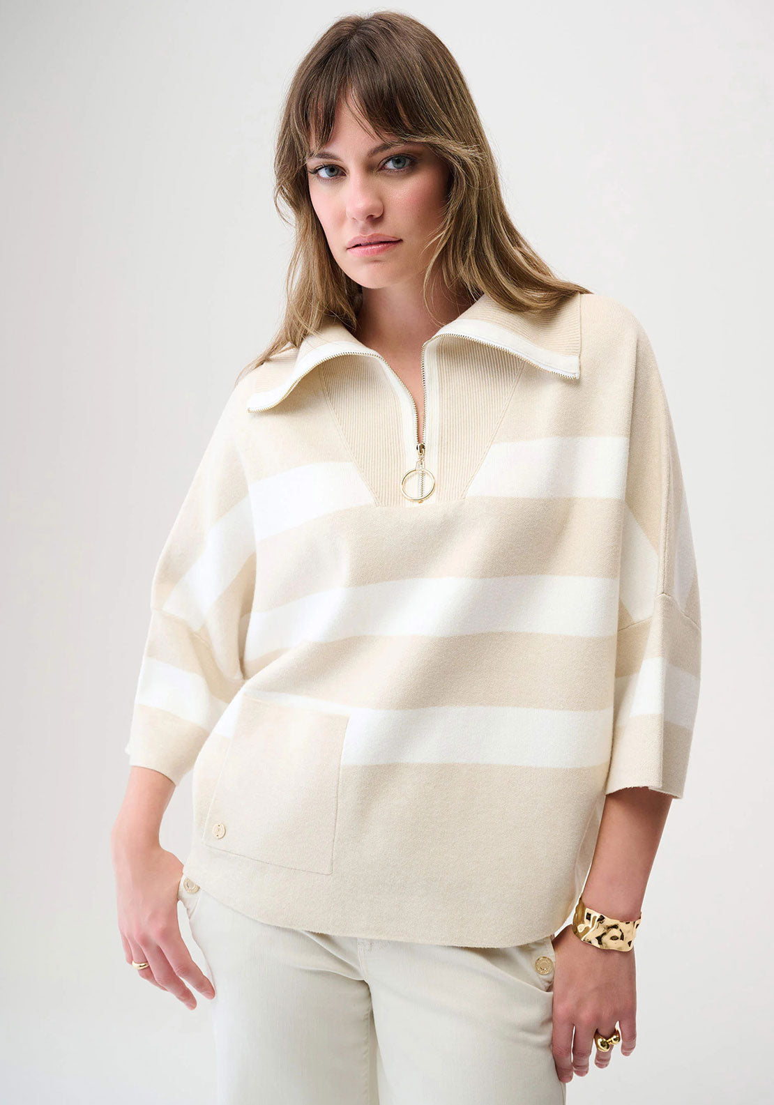 Joseph Ribkoff Striped Zip Neck Jumper, Beige - McElhinneys