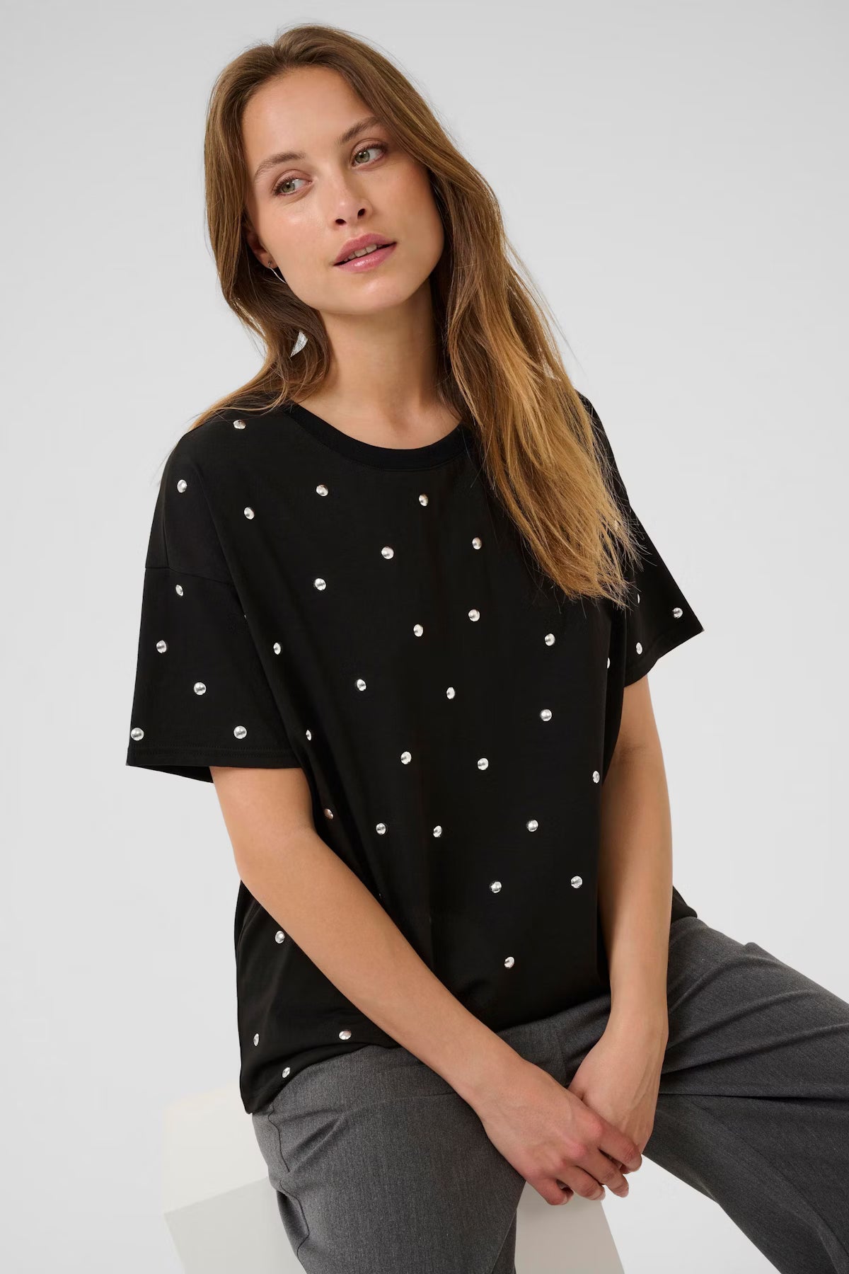 KAFFE Helen Studded Detail T Shirt, Black