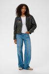 KAFFE Jane Washed Leather Biker Jacket, Black