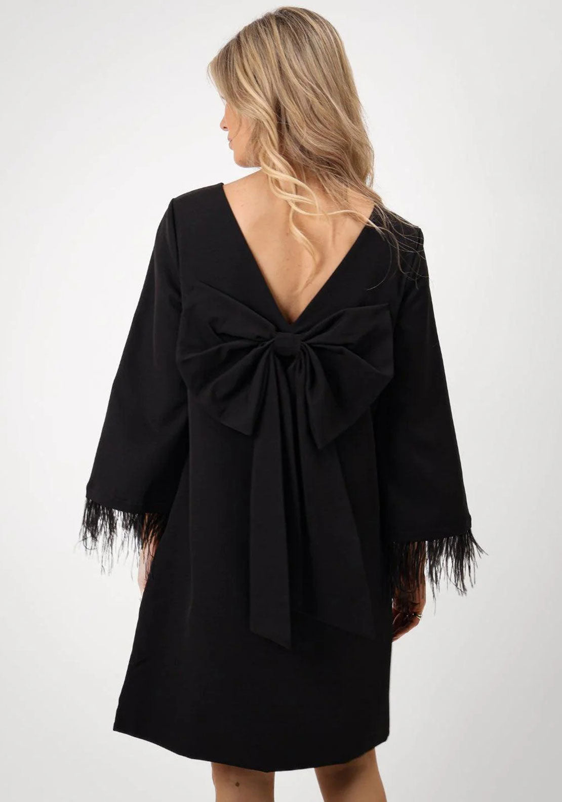 blue dress for baby girl Kate & Pippa Dakota Feather Cuff Mini Dress with Back Bow Detail, Blac