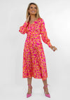 Kate & Pippa Birkin Satin Feel Print Midi Dress, Pink & Orange