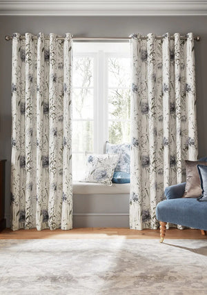 Laura Ashley Pallington Bloom Lined Eyelet Curtains 88”x 90”, Cream and Blue