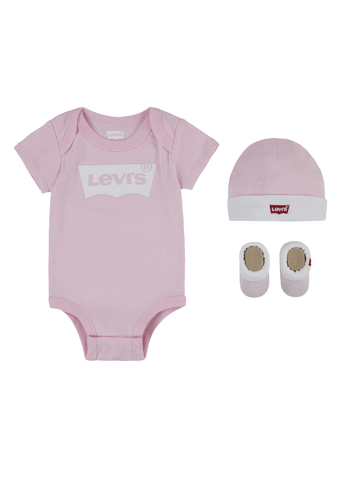 Levi’s Baby Bodysuit Hat and Socks Set, Pink