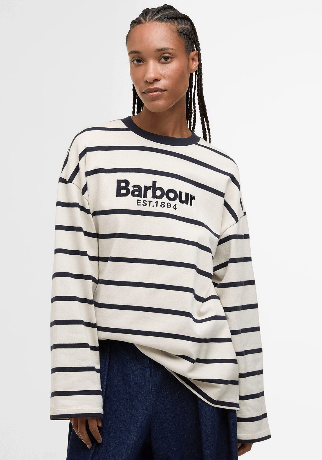 Barbour Maeve Embroidered Striped Top, Beige