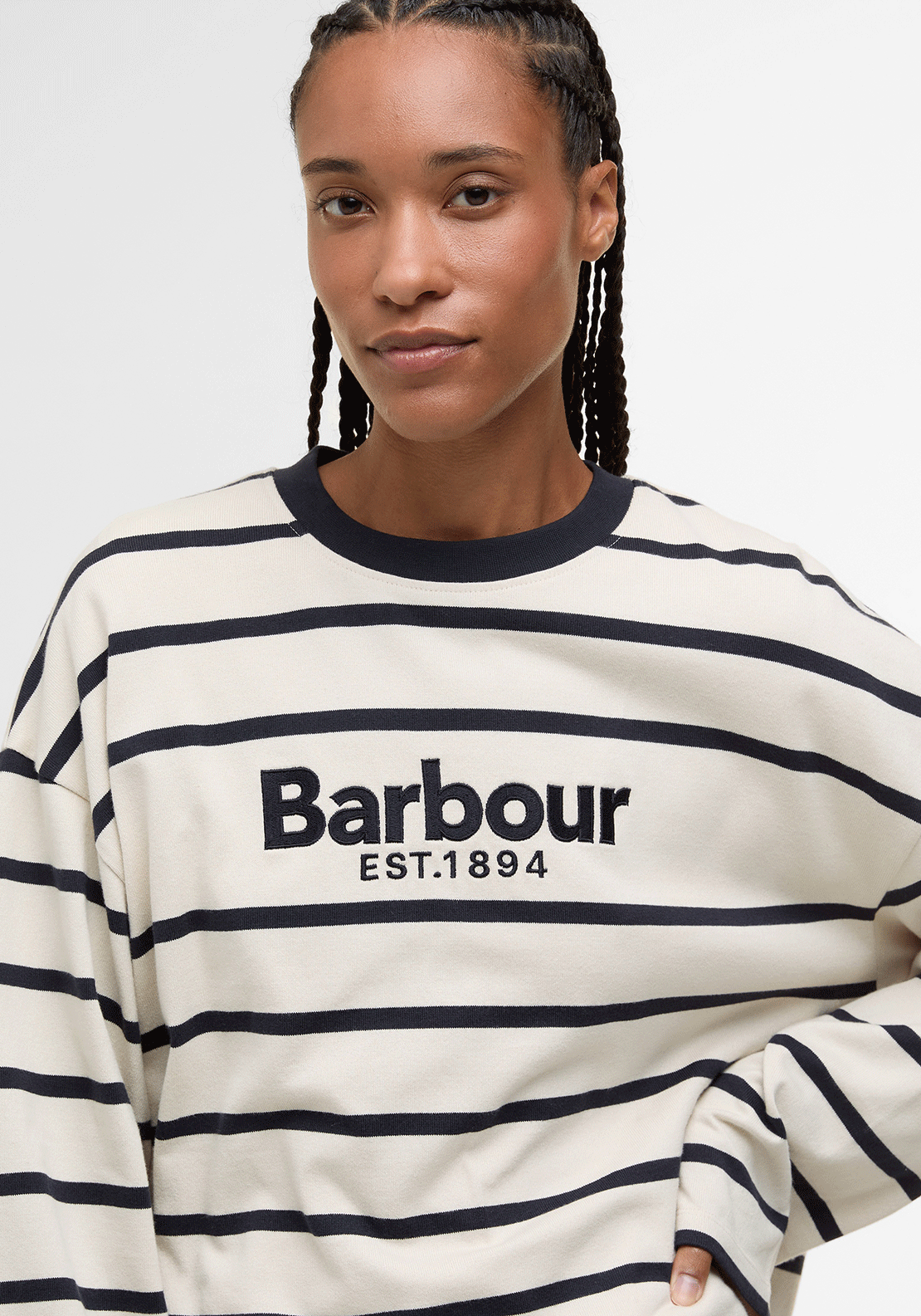 Barbour Maeve Embroidered Striped Top, Beige