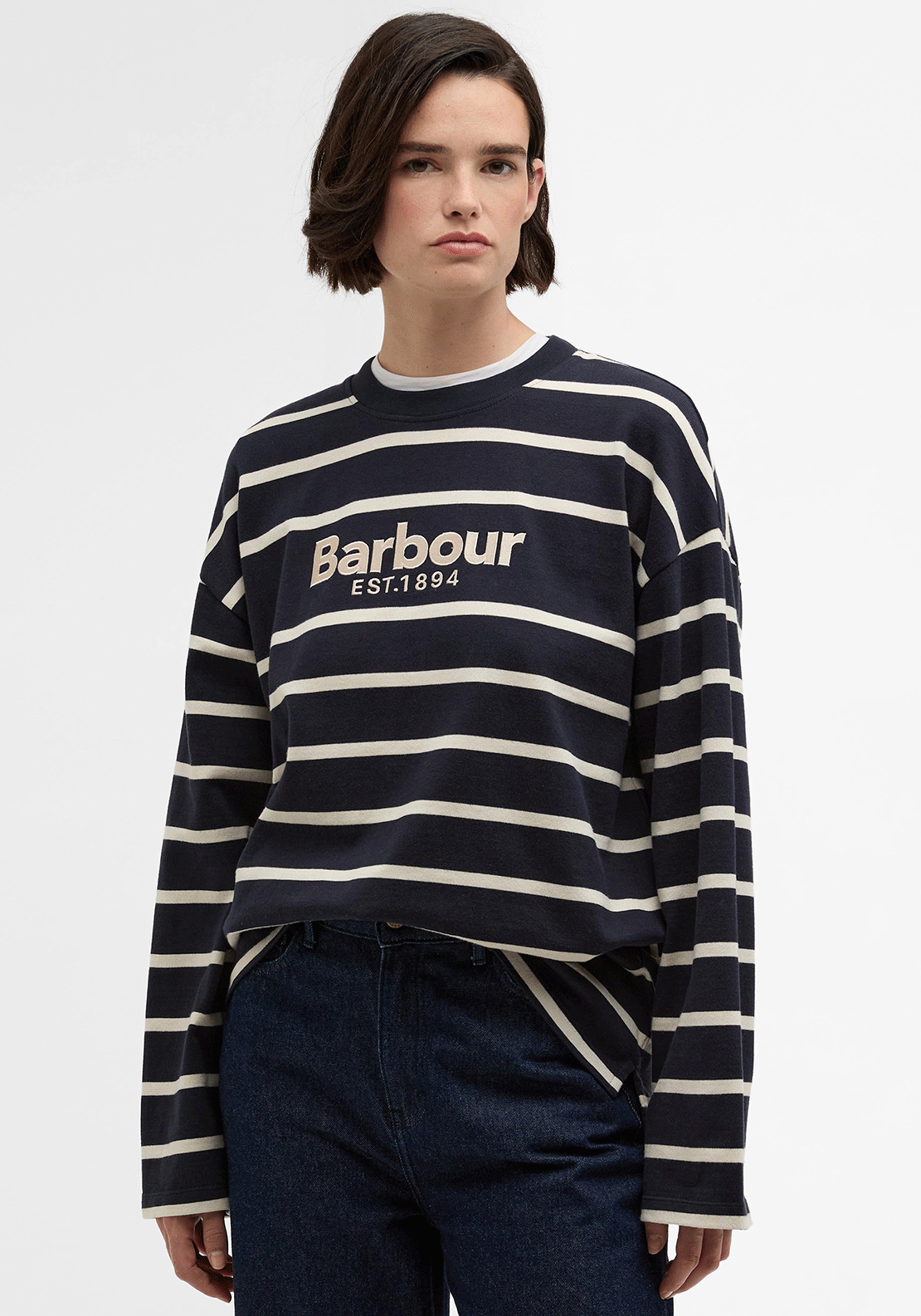 Barbour Maeve Embroidered Striped Top, Navy