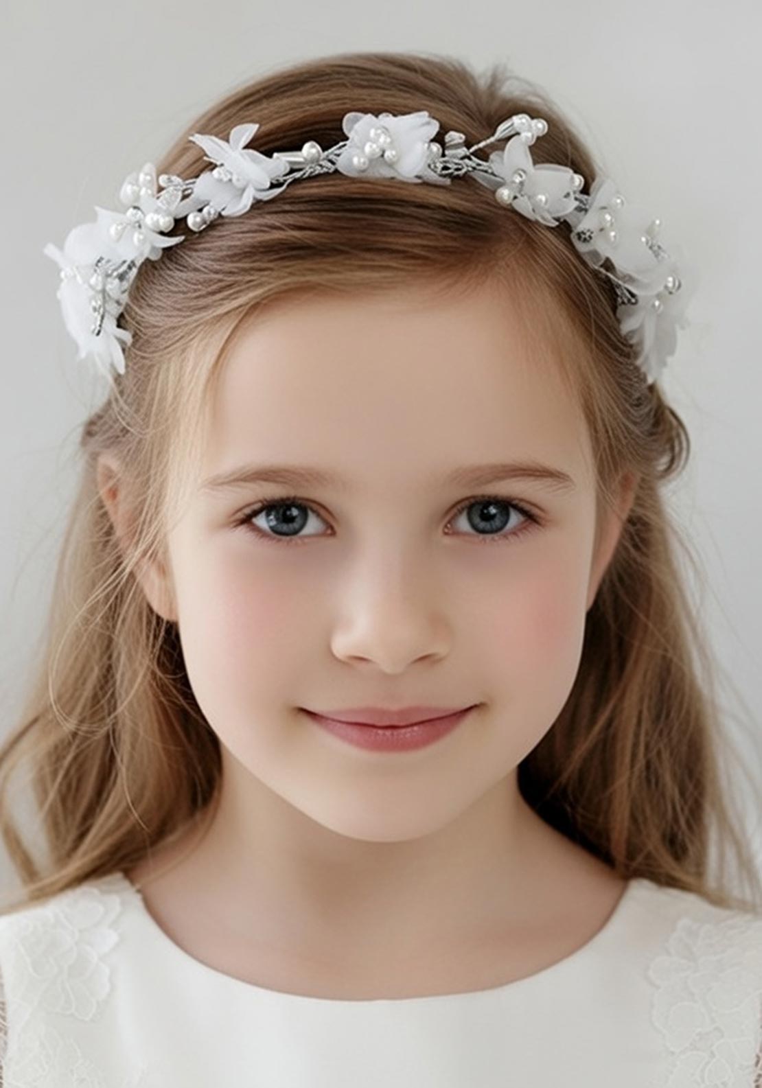 Little People Floral and Bow Communion Headpiece, White