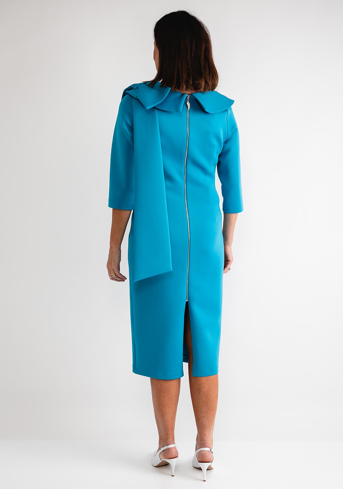 Lizabella Bow Detail Collar Pencil Midi Dress, Teal Blue - McElhinneys