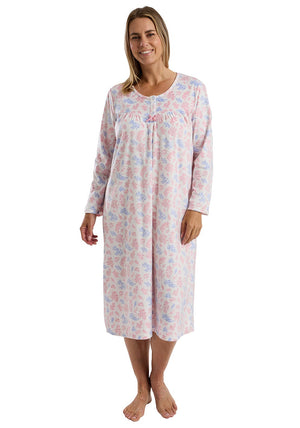 Marlon Leaf Fleece Long Sleeve Nightdress, Pink