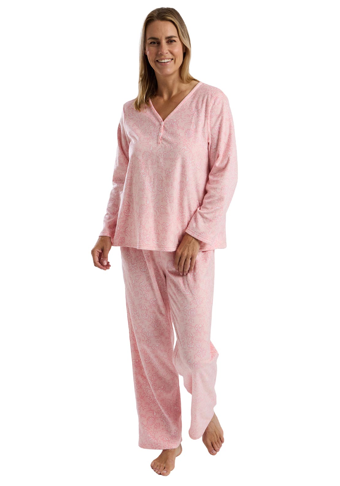 Marlon Floral Long Sleeve Fleece Pyjama Set, Pink