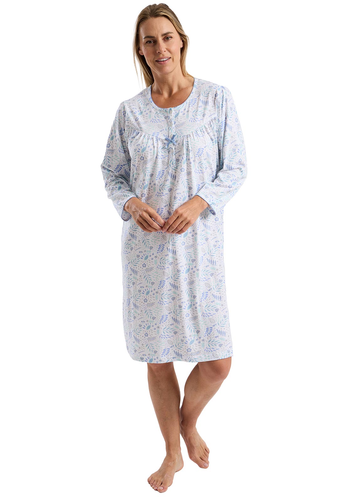 Marlon Leaf Long Sleeve Nightdress, Blue