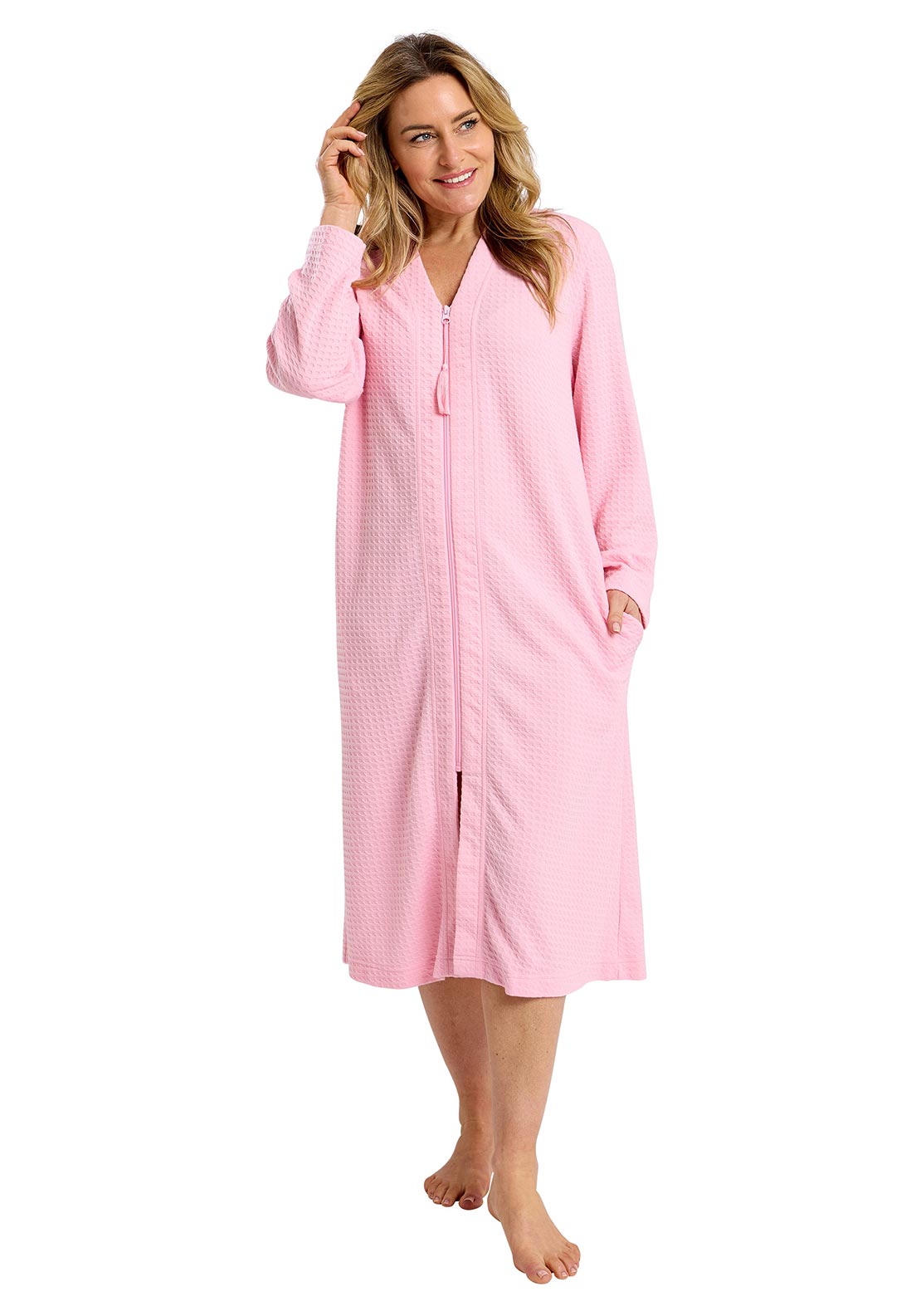 Marlon Long Sleeve Waffle Full Zip Robe, Pink