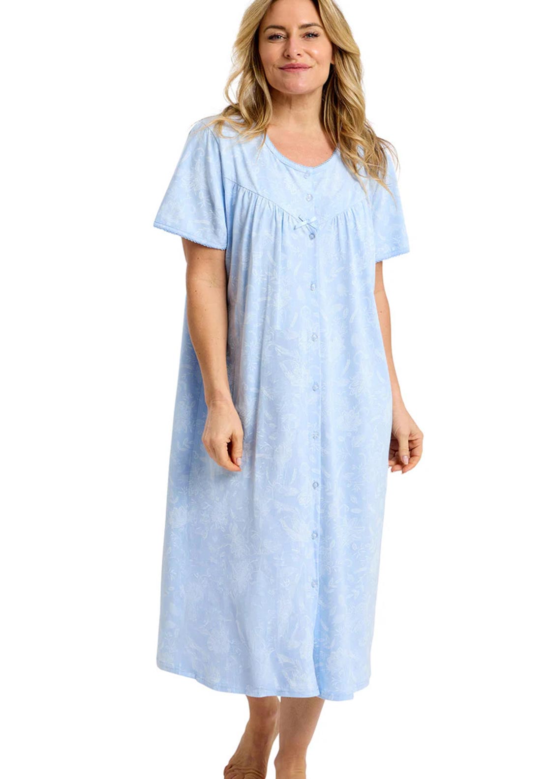 Marlon Dotty Floral Full Button Short Sleeve Nightdress, Blue