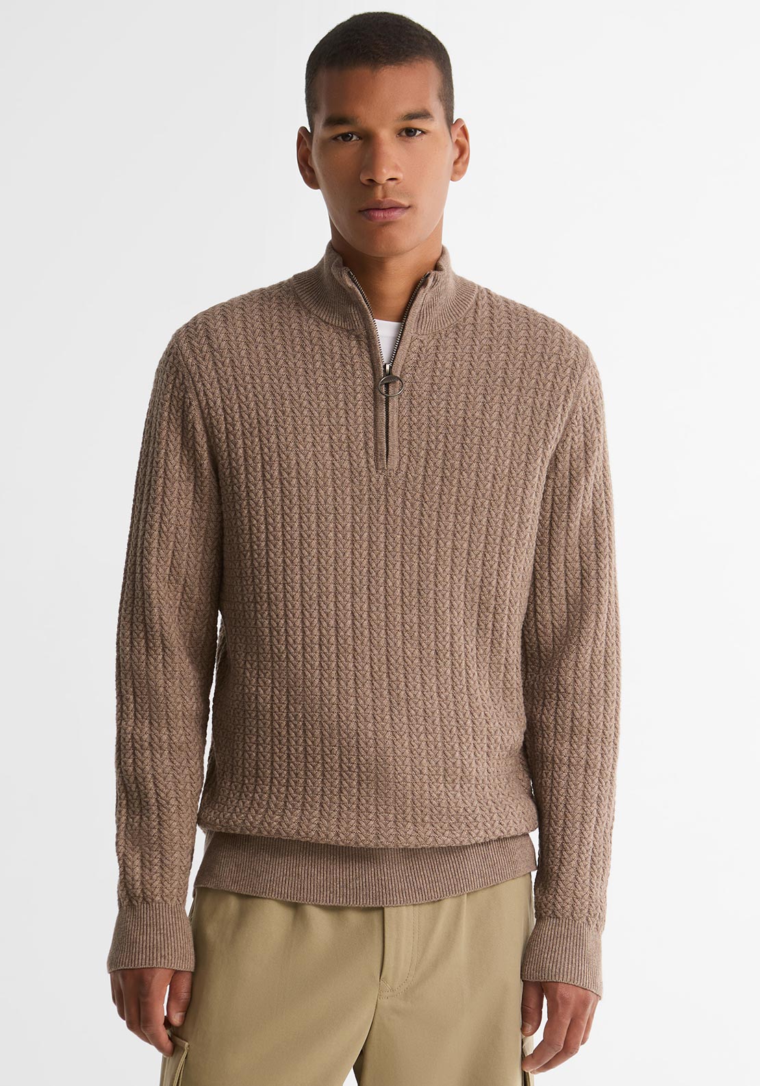 Barbour Men's Herringbone Knit Half Zip Sweater, Stone
