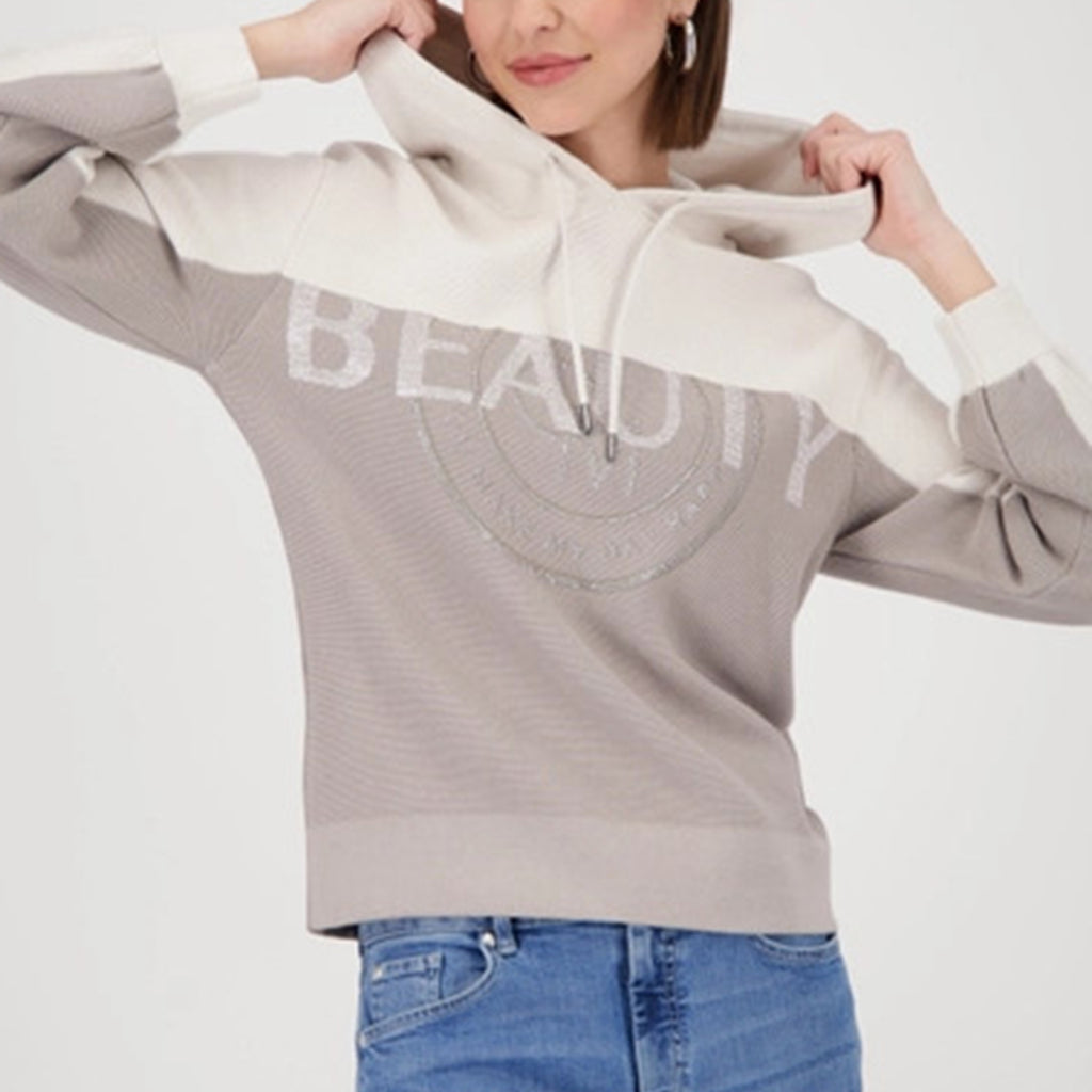 Monari Knitted Colour Block Hoodie, Cream Taupe McElhinneys