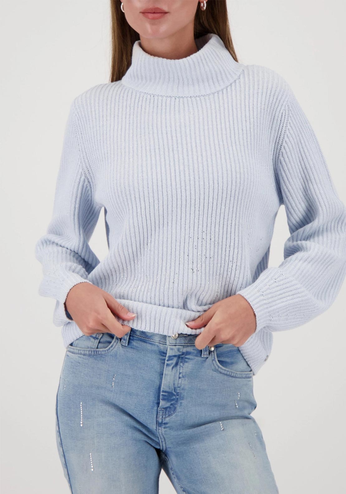 Monari Rhinestone High Neck Knit Sweater, Light Blue