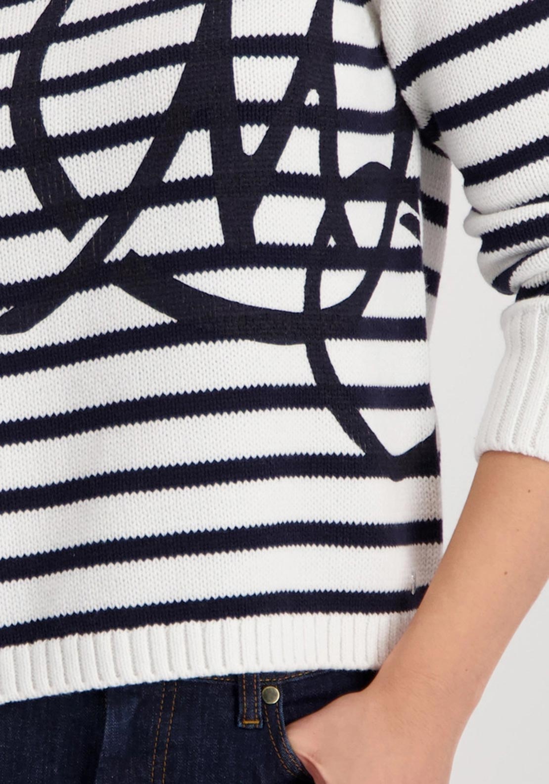 Monari Striped Jumper with Emblem, White