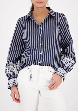 Monari Striped Blouse with Lace, Navy