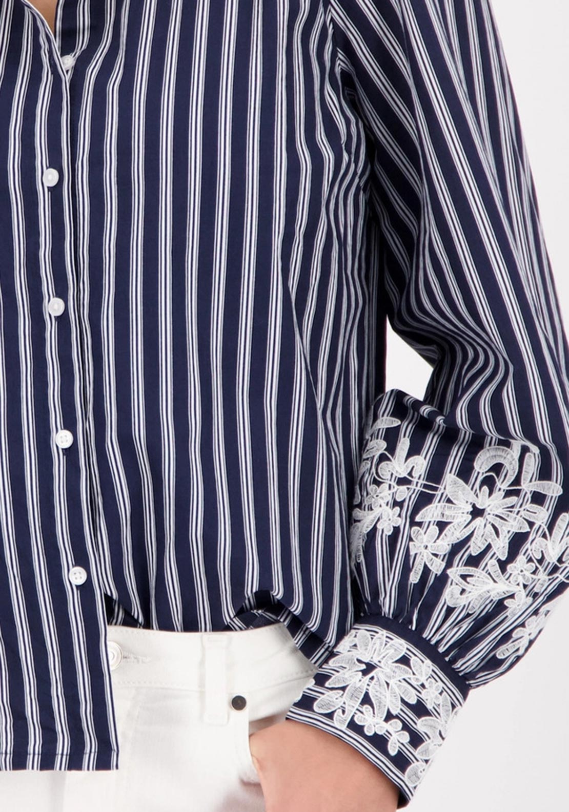 Monari Striped Blouse with Lace, Navy