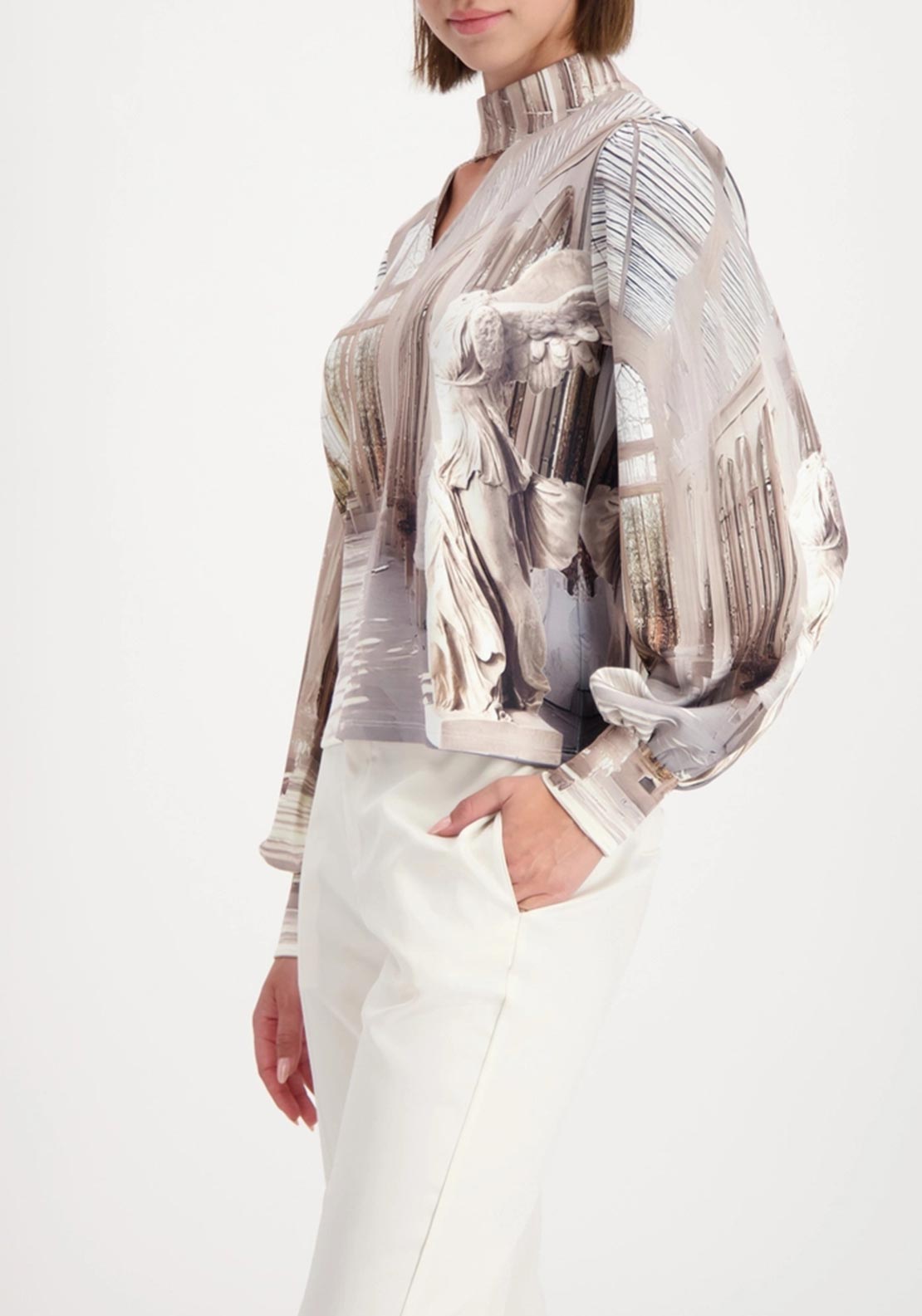 Monari Gallery Print High Neck Top, Beige