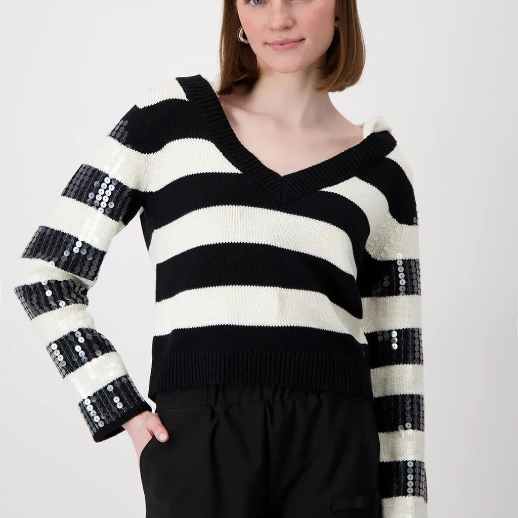 Monari Sequin Sleeve Striped Jumper, Black White McElhinneys