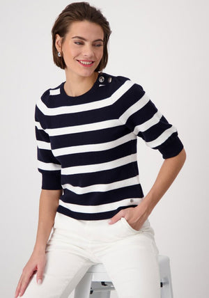 Monari Striped Button Detail Cropped Sleeve Sweater, Navy