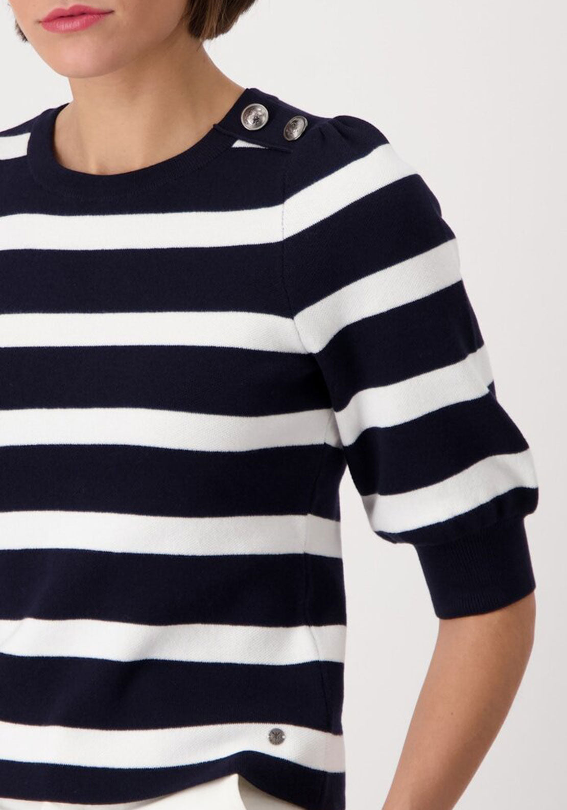 Monari Striped Button Detail Cropped Sleeve Sweater, Navy