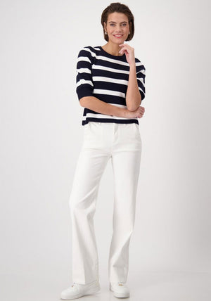 Monari Striped Button Detail Cropped Sleeve Sweater, Navy