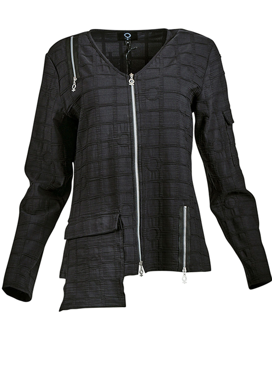My Soul Bubble Asymmetric Zip V Neck Jacket, Black