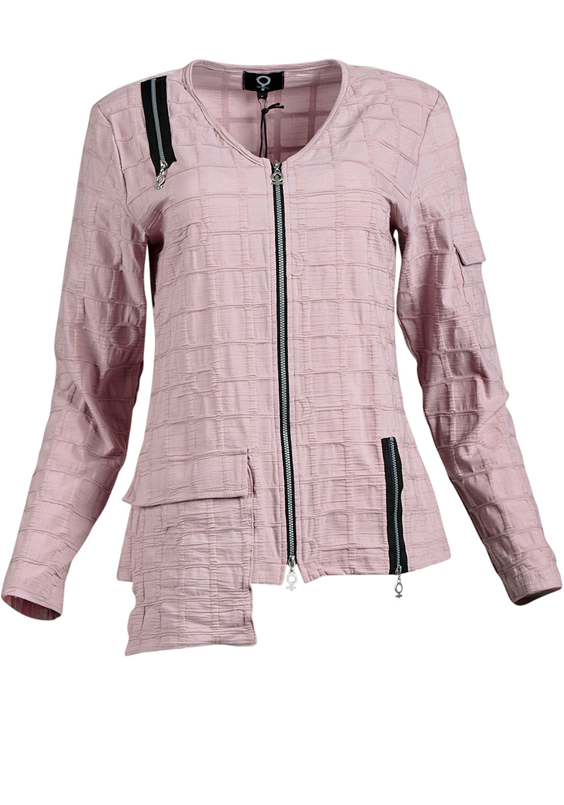My Soul Bubble Asymmetric Zip V Neck Jacket, Rose Pink
