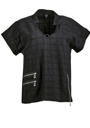 My Soul Bubble Zip Detail V Neck Top, Black