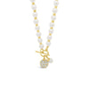 Absolute CZ Ball Pearl Beaded T-Bar Necklace, Gold