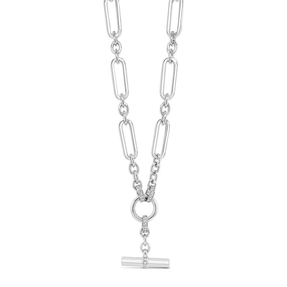 Absolute CZ T-Bar Chain Link Necklace, Silver