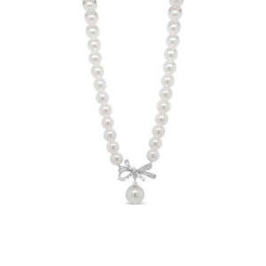 Absolute CZ Bow & Pearl Pendant Necklace, Silver