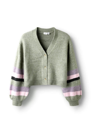 Name It Kid Girl Belen Stripe Long Sleeve Cardigan, Grey