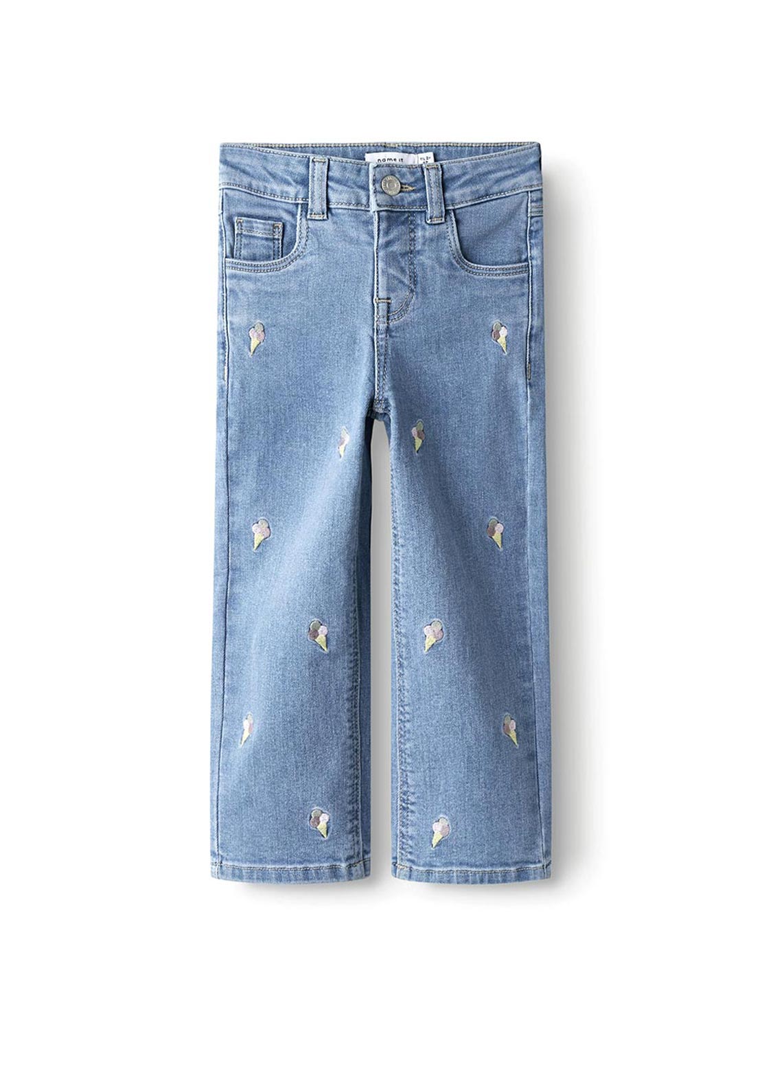 Name It Mini Gril Rose Straight Embroidered Jeans, Light Blue Denim