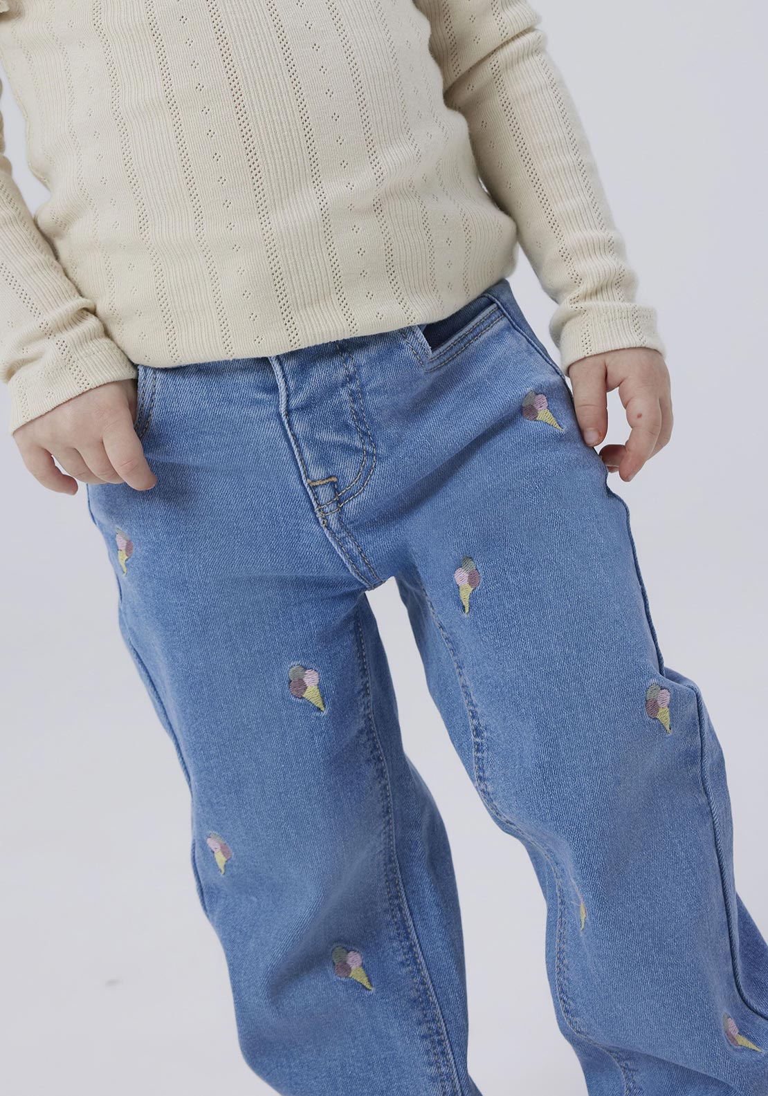 Name It Mini Gril Rose Straight Embroidered Jeans, Light Blue Denim