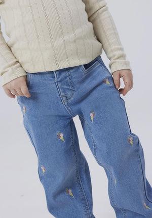 Name It Mini Gril Rose Straight Embroidered Jeans, Light Blue Denim