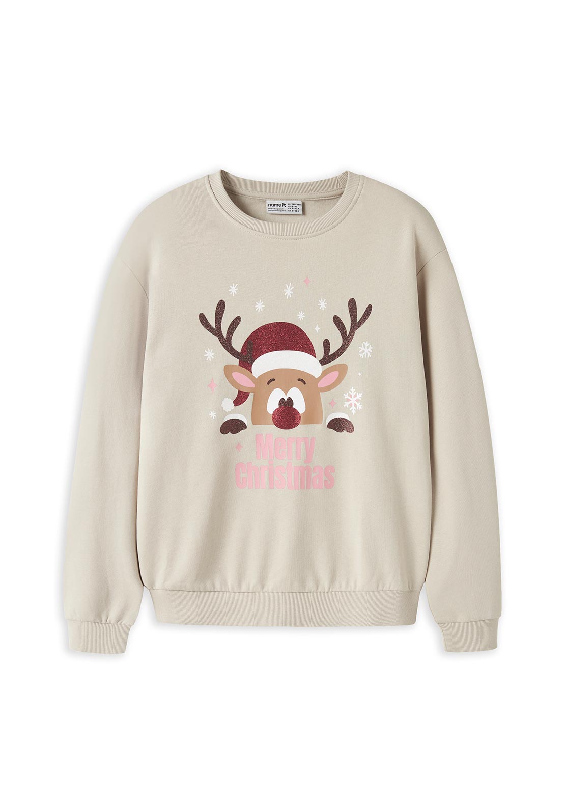 Name It Kid Girl Vertrud Reindeer Long Sleeve Sweater, Beige
