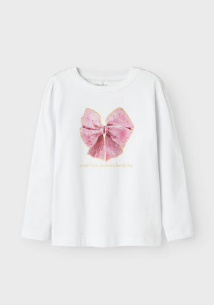 Name It Mini Girl Rosalind Bow Long Sleeve Top, Bright White