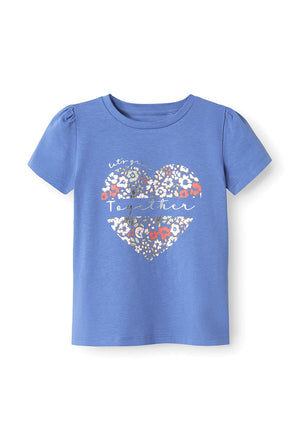 Name It Mini Girl Hanna Floral Heart Short Sleeve Tee, Bleached Denim
