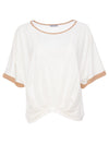 Naya Contrast Sleeve Pleated Hem Top, White & Tan