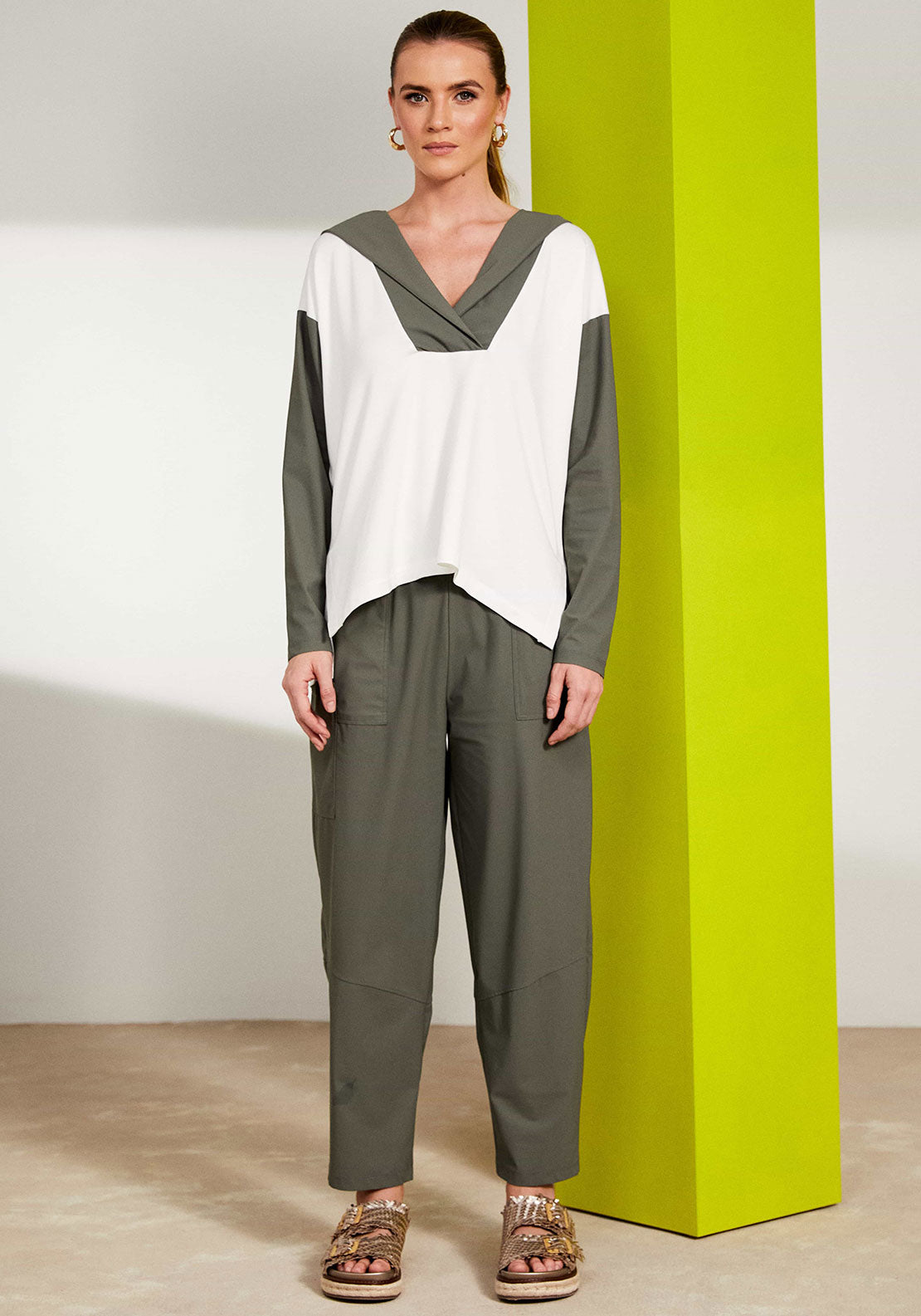 Naya Slim Leg Relaxed Trousers, Khaki Green