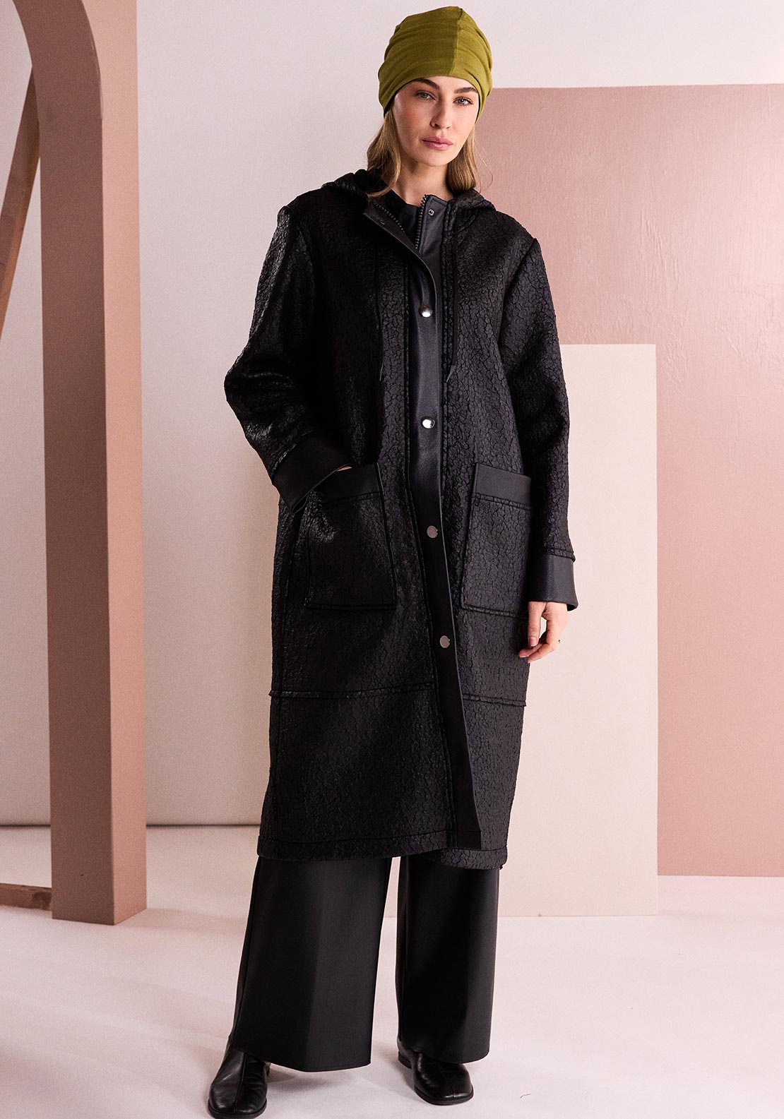 Naya Borg Hooded Longline Coat, Black