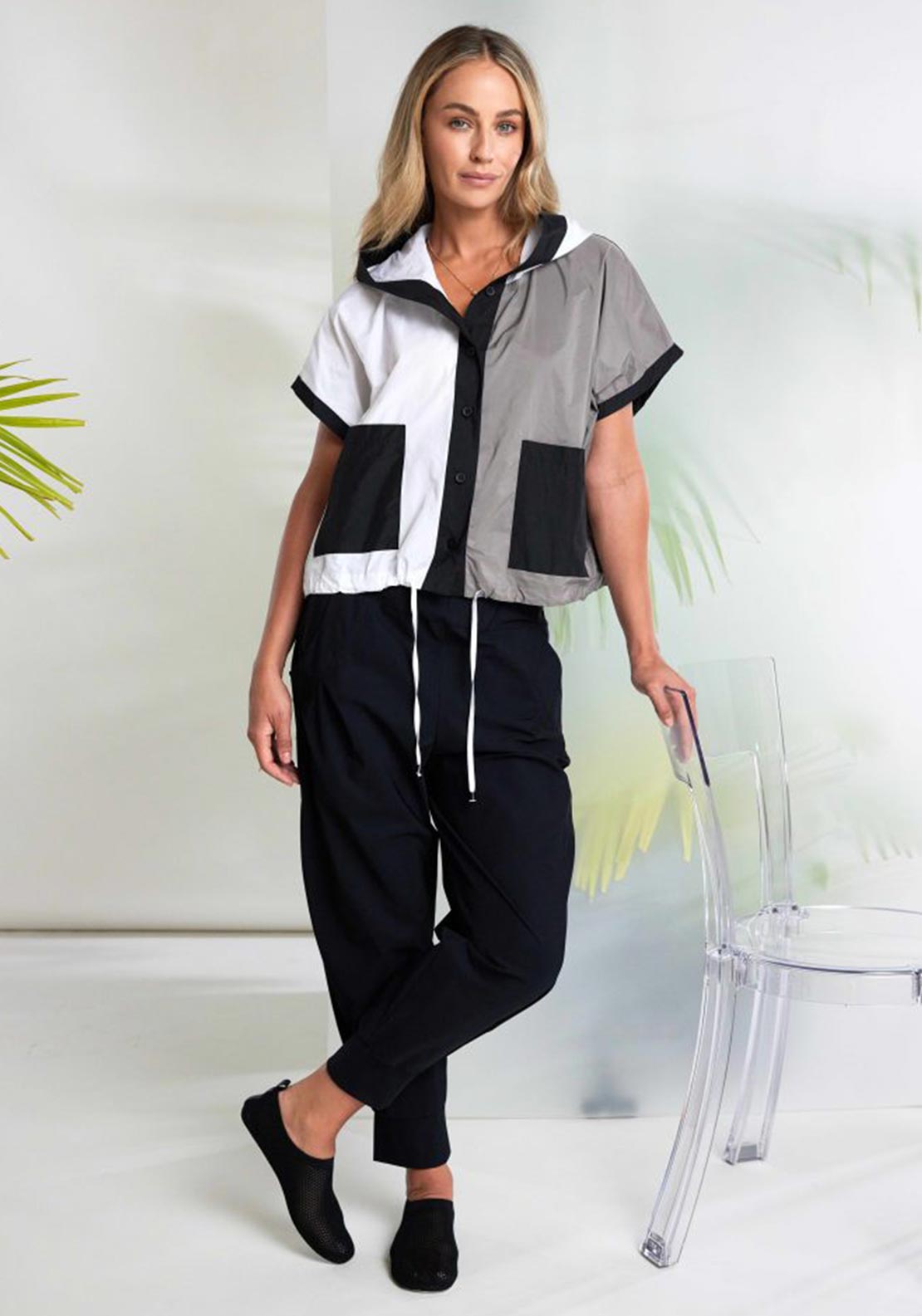 Naya Two Tone Hooded With Contrasting Panel Jacket, White and Beige