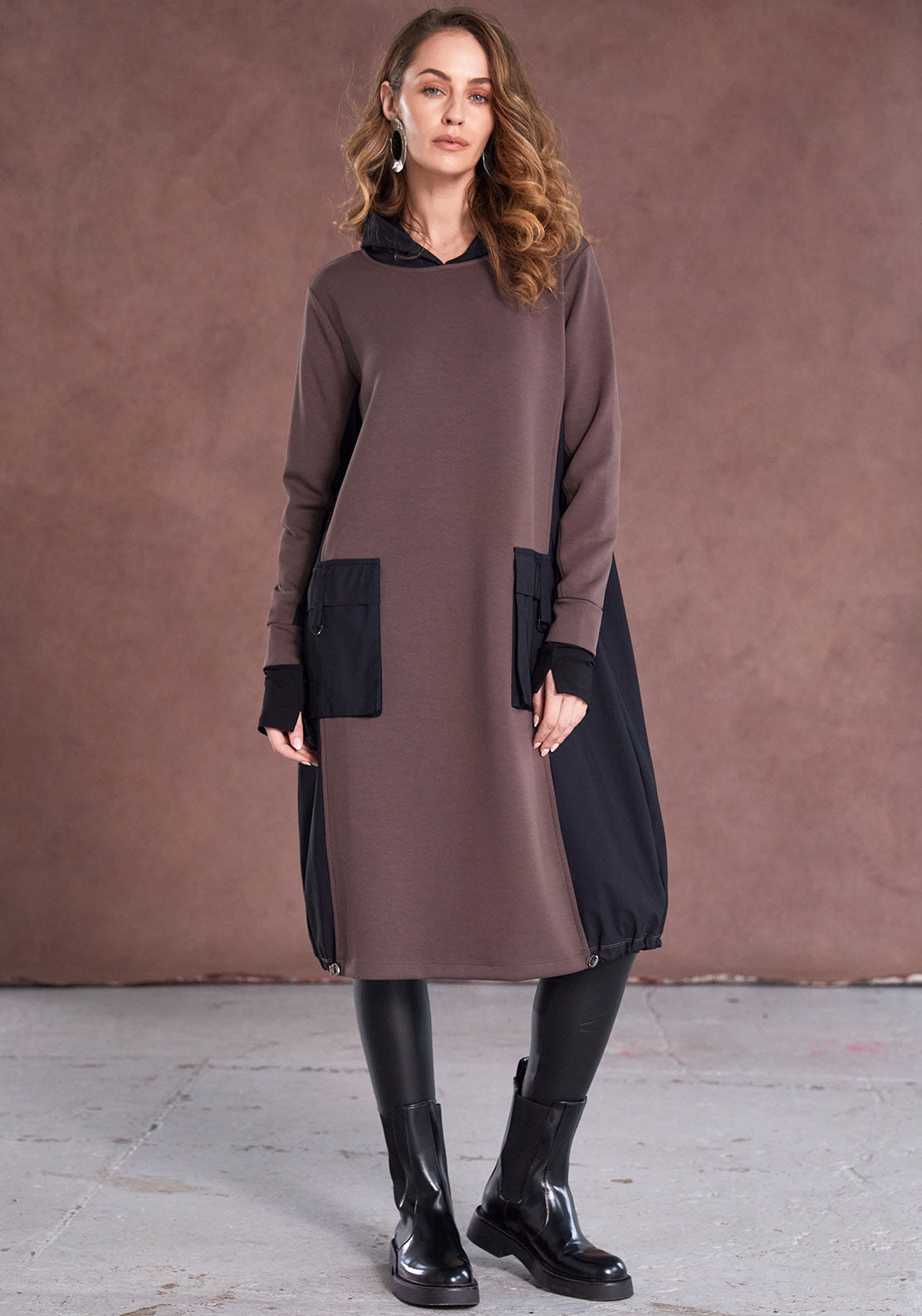 Naya Contrast Hood Size Panel Dress, Brown - McElhinneys Naya Contrast Hood Size Panel Dress, Brown - McElhinneys